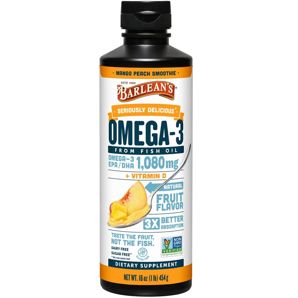 Tambahan Minyak Ikan Barlean 3 dengan Vitamin D untuk Pria dan Perempuan, 1080mg EPA dan DHA Acid Gendut, Promotes Otak & Heart Kesehatan - Non-GMO, Mangga Peach, 16 oz