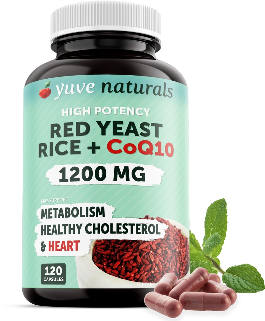 100% Natural Red Yeast Rice 1200 mg dengan CoQ10 100 mg, 2 dalam 1, Pertahankan Tingkat Cholesterol Sehat - 120 Veggie Capsules
