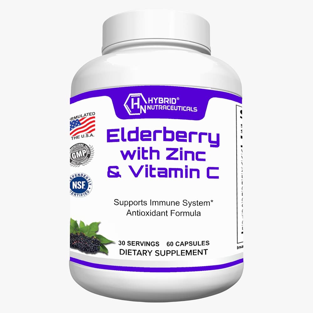 Hibrid Nutraceuticals Black Elderberry Capsules, dengan Echinacea, Turmeric, Garlic, Zinc, Vitamin C, E dan B6, Prograine dan L-Glutamine (60 Capsules)