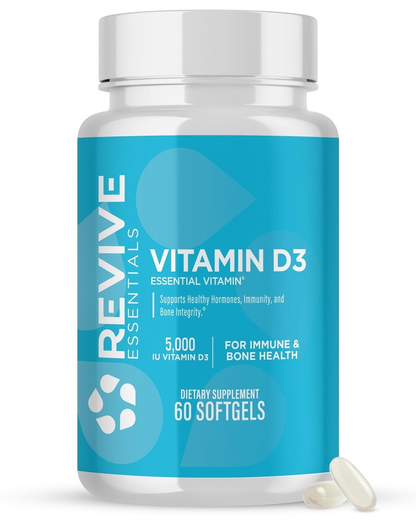 Revive MD Vitamin D3 Suplemen, 5000 IU - Potency Cholecalferol Tinggi untuk dukungan Imune, absorpsi Kalsium, Bone & Muscle Health - Supplemen Diet Non-GMO dengan Tidak Berisi - 60 Softgeels