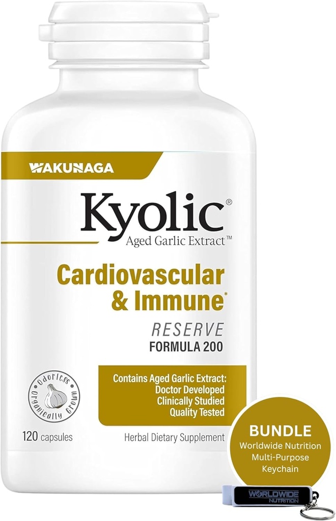 Nutrition Bundle Terpadu di seluruh dunia dengan Ekstrak Kapas Bawang Akik, Kardiovaskular & Imune - Reserve Formula 200, Kyolc Aged Oct Capsules 120 Count and Multippose Key Chain