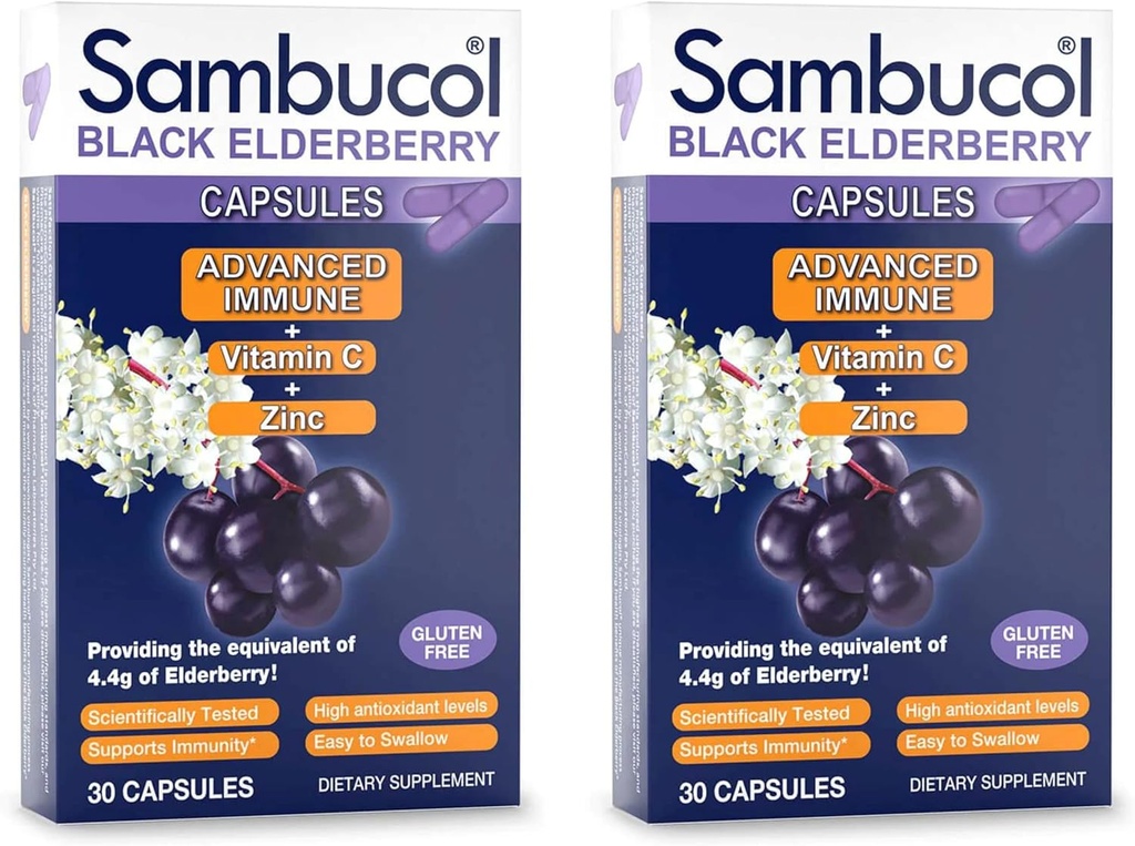 Sambucol Black Elderberry Capsules - Advanced Ammune, Vitamin C dan Zinc, Elderberry Capsules, Dukungan Imune, Suplemen Elderberry Hitam, Gluten Bebas, Mudah untuk Swallow Capsules - 30 Count, 2-Pack