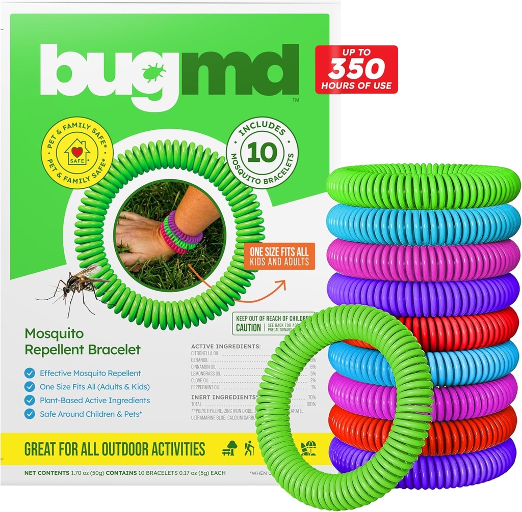 BugMD 10 Pack Mosquito Bracelet, DEET-Free Bands for Dewas & Kid, Natural & Waterproof Citronella Wristband for Camping, Hiking, Beach, Travel & Outdoor Esentials
