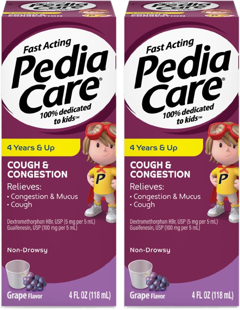 Cough & Contraffic Cair Medicine for Cough, Chest Contrable and Muscus Cold Symptoms, Non-Drowsy, Ages 4 +, Grape Flavor, 4 fl oz (2 Pack)
