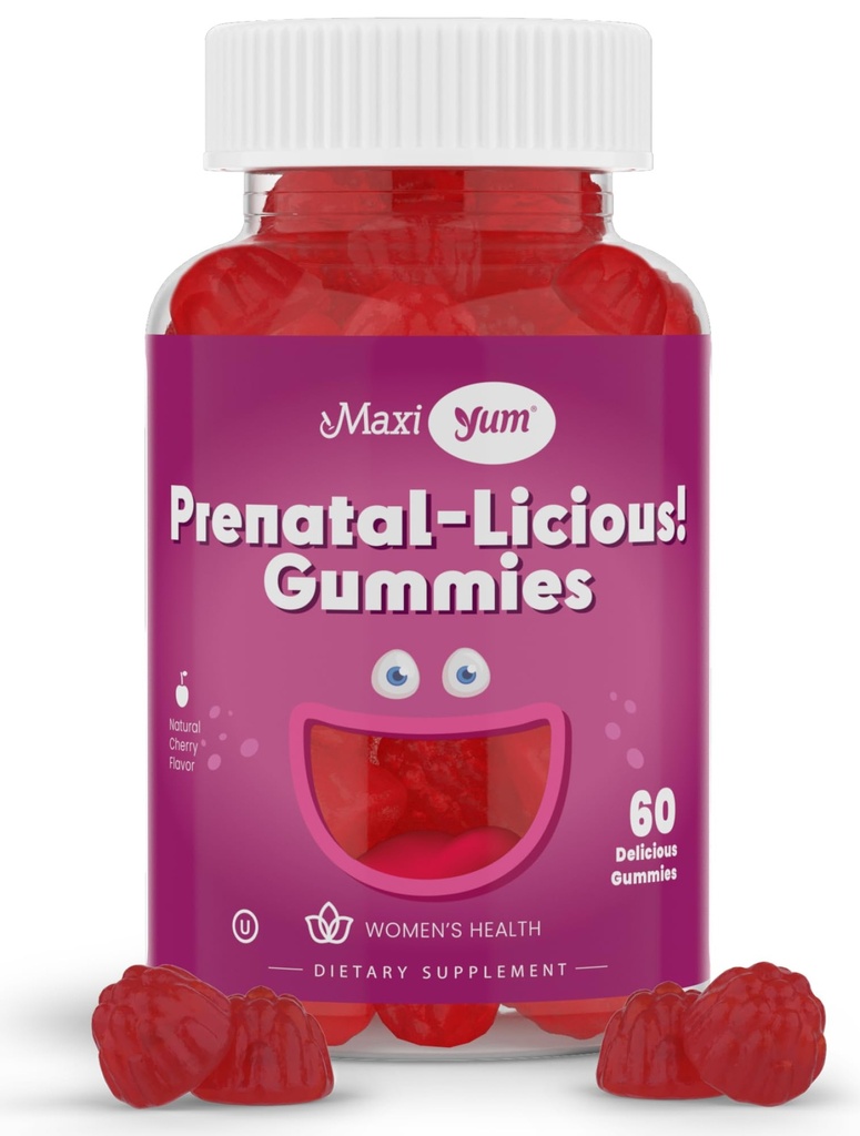 Maxi Health Women 's Organic Prenatal Gummies - Kosher Cherry Flavored Pra Natal Gummy - Prenatal Vitamin for Women with Folic Acid and Iron for Fetal Development, 60 Count