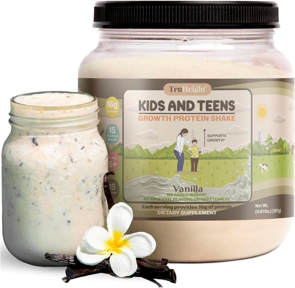 Truight Growin Protein Shake (Vanilla Ice Cream Flavor, Whey) Pertumbuhan dan Bubuk Protein Pengembangan untuk Anak & Teens - Wight Gain Minuman - Endorsed by Pediatricians, Picky Eater Vitamin, Ages 4 +