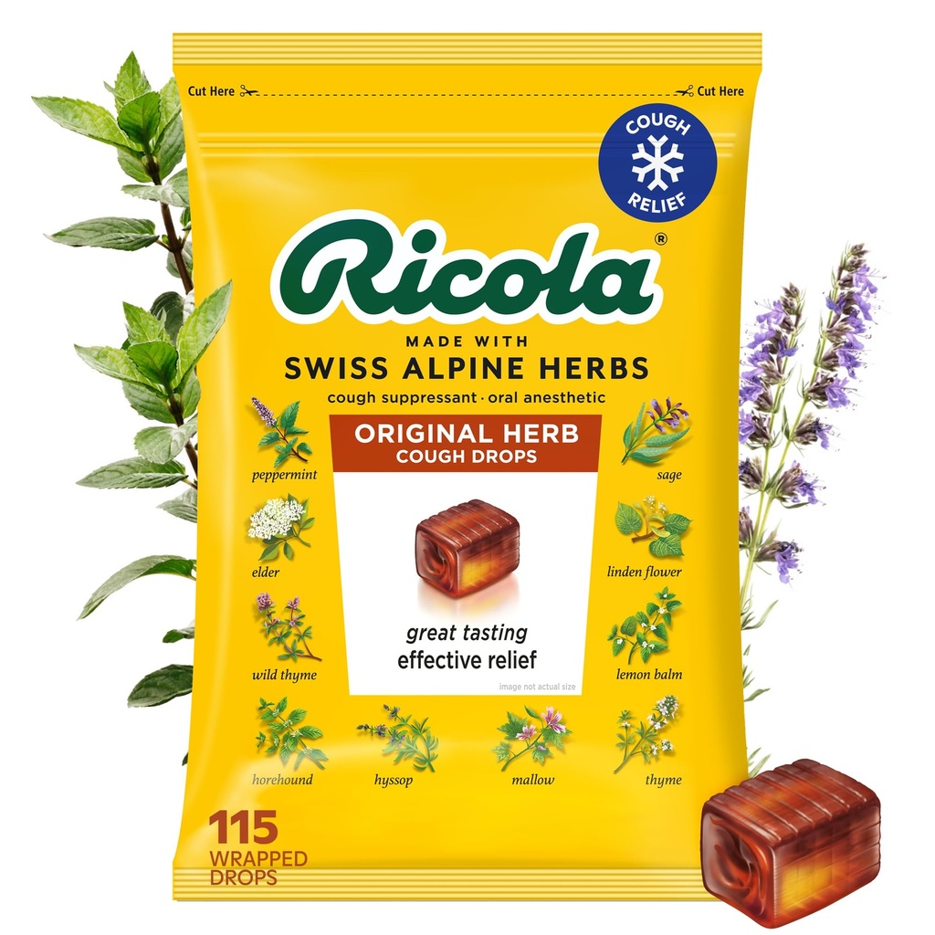 Ricola asli Herb Cough Drops, 115 Count, Cough Supresant & Throat Relieving Drops with Alami Sourced Menthol, Pleasing Herbal Taste for Coghs & Throat Irritation Symptom Relief