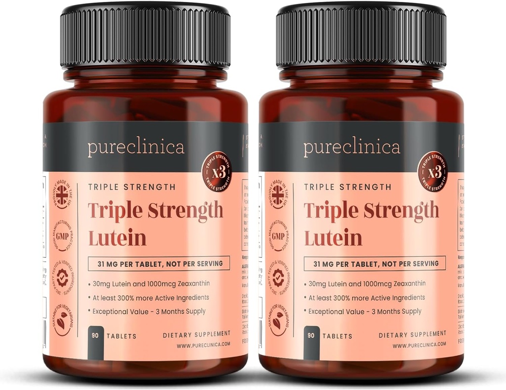 puberica Lutein 30mg x 180 Tablet (2 Botol dengan 90 Tablet di masing-masing). Dengan 100mcg dolxanthin. 3 x Kekuatan Tablets Lutein reguler