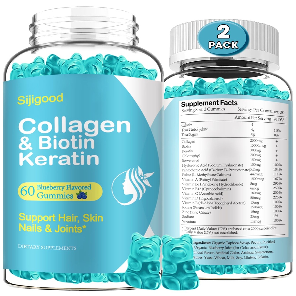 2 Pack Biotin Gummies dengan Collagen, Kertin, Acid Hyaluronic, Vitamin untuk Skin, Rambut Pertumbuhan, Nails, Perempuan Dewasa Anak-Anak - Blueberry Flavored, 120 Gummies