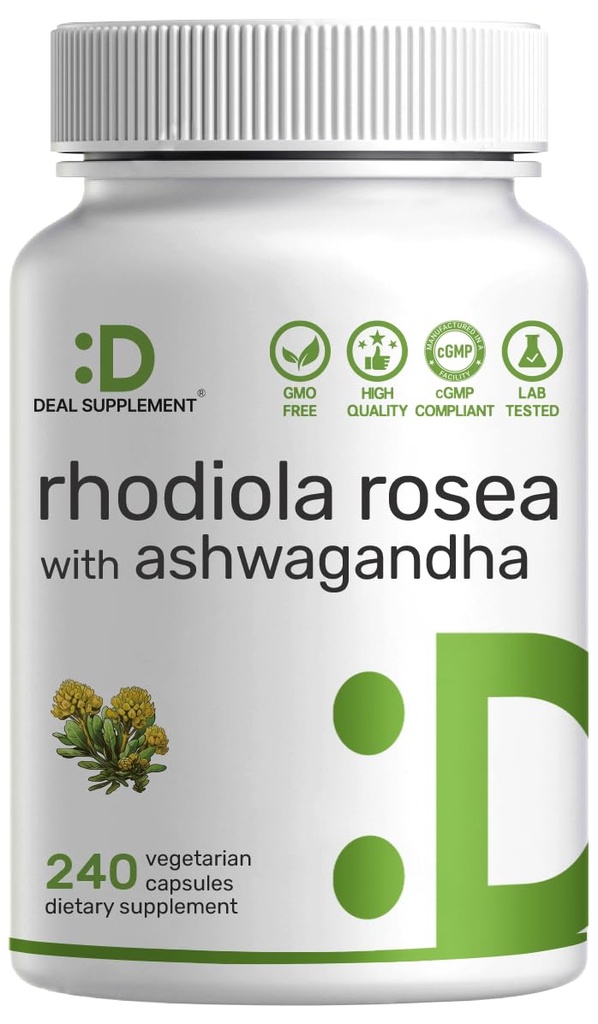DEAL SUPLEMENT Rhodiola Rosea dengan Ashwagandha, 240 Veggie Capsules - Max Kekuatan 10: 1 Root Extract - Adaptogenic Suplemen untuk Relaxation, Energy, & Brain Health * - Non-GMO