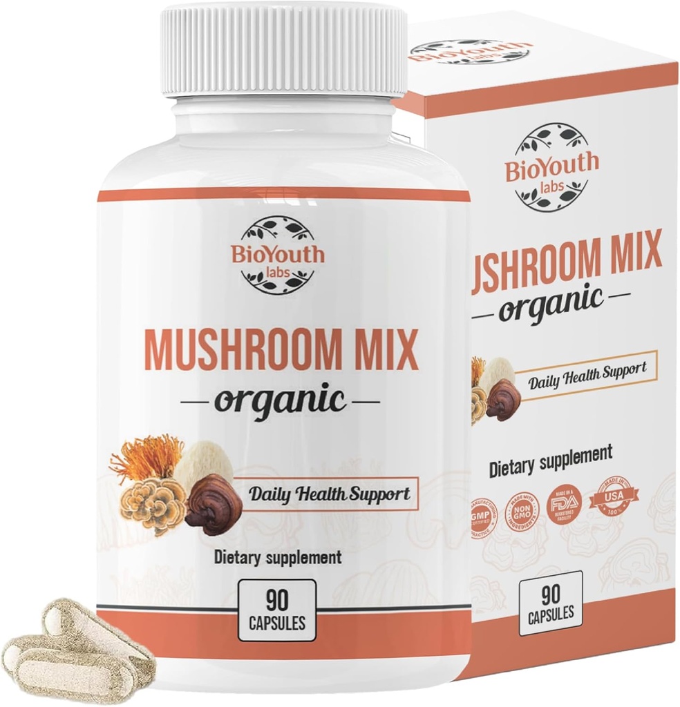 Mulhroom Organik Campuran Kasules Suplemen Alam 124; Cordyceps Sinensis, Reishi, Lion 's Mane, Turkey Tail 124; Imune Dukungan, Vitalitas Boost, Non-GMO & Allergen- Free Capsules 12490