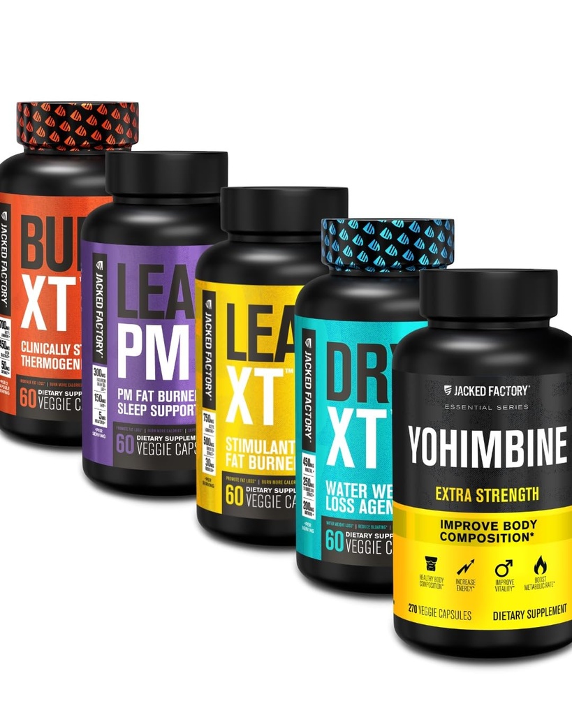 Jacked Factory Thermogenic Fat Burner Weight Loss Supplement - Burn-XT Thermogenic and Lean PM Night Weight Loses Loss Aid - Lean-XT Caffein- Free Fat Burner, Yohimbine Capsules, DD XT Diuretic