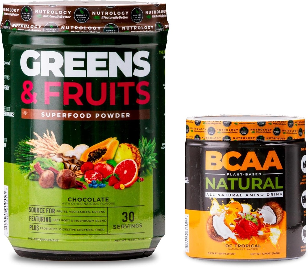 Nutrologi Hijau & Buah Bubuk Alami Sourced Superfood, Chocolate (30 Hamba) BCAA Natural, Plant Based BCAA Powder, Orange Coconut Flavor (30 Pelayan)