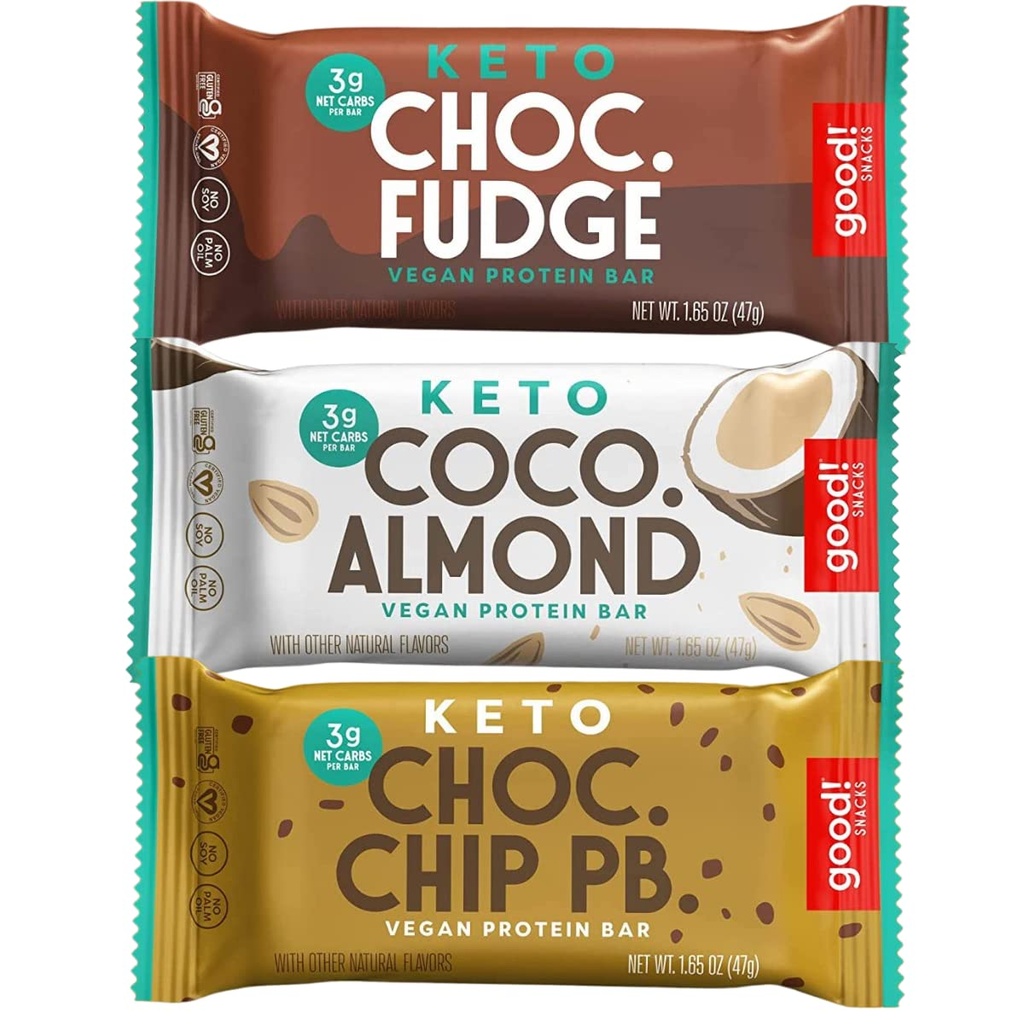 Bagus! Snacks Keto Variety Pack Protein Bar, Vegan, Soy & Gluten Free, Low Sugar Meal Replacement, 10g High Protein, Natural Heally Snack, Untuk Atlet & Aktif Lifestyle, 3g Net Carbs, 12 Bars