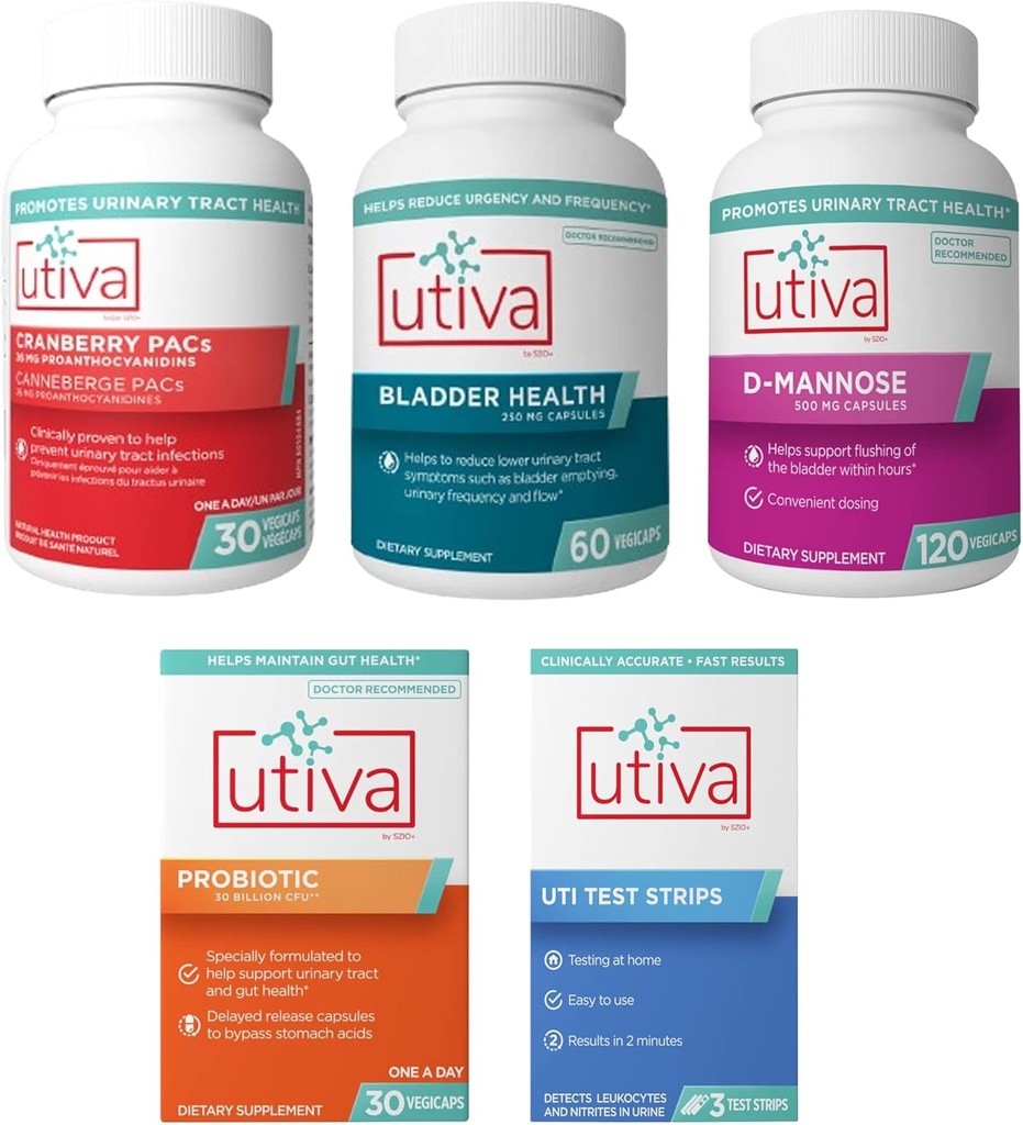 15% Bundle Utiva Cranberry Pac 30 Veci Capsules + Utiva Bladder Health 60 Capsules + Utiva D-Mannose 120 Capsules + Utiva Probiotic 30 Delayed Delayed Vecsules + Utiva Utiva UTI Uji Strips