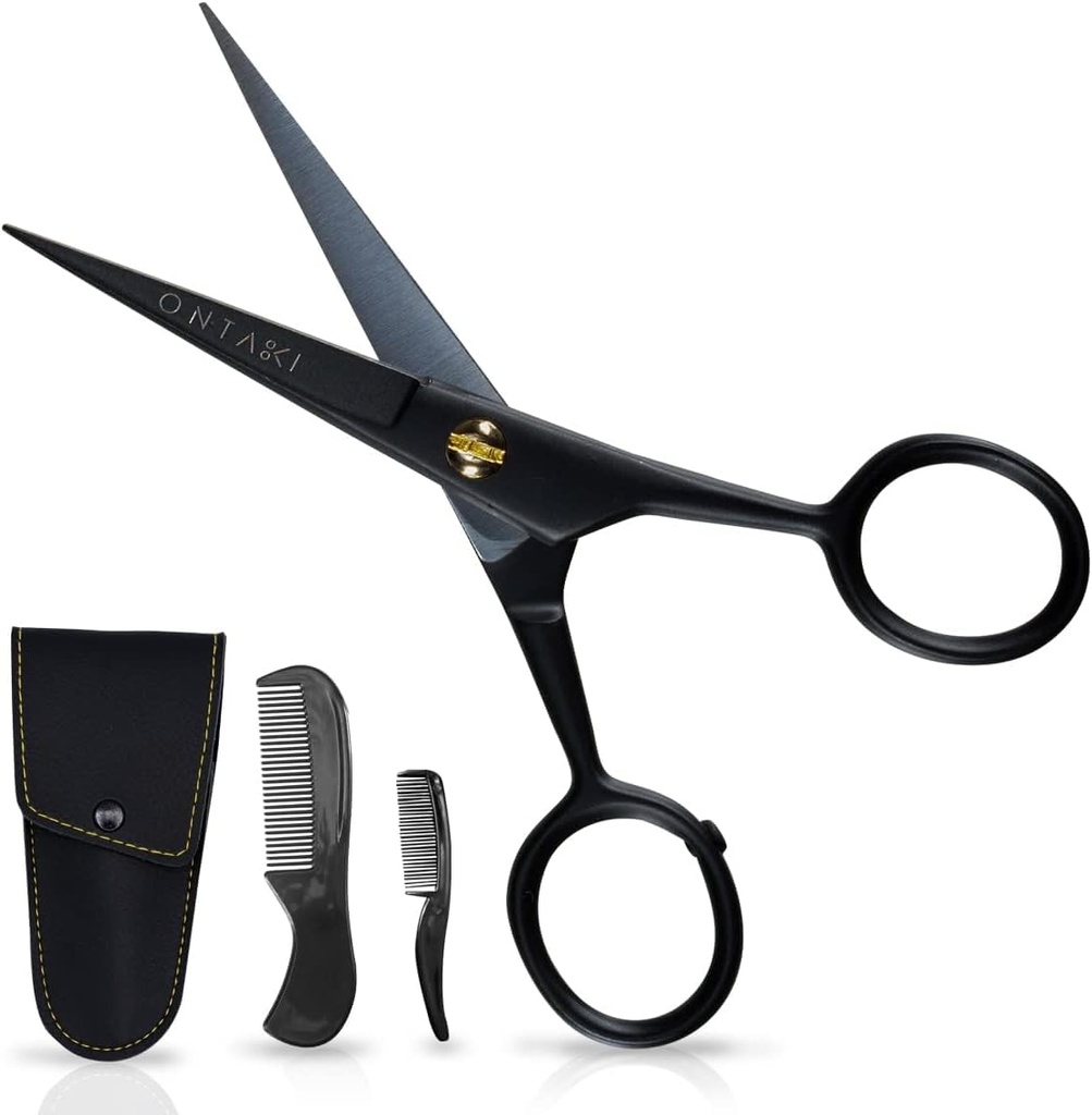 Gunting Kumis Ontaki untuk Pria - 5- Inch, Hitam - German High- Carbon Steel Bevel- Edge untuk Precision - Gunting Beard - Termasuk Permen Kit dengan Kumis & Beard