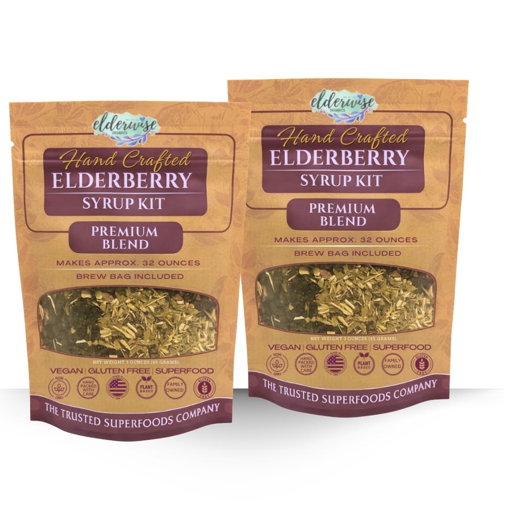 Elderberry Syrup Kits 2X - Setiap Membuat Pendekatan. 32oz - termasuk Brewing Bags - Ingredians - Elderberry - Rosebulps - Ginger - Echinacea - Cinnamon - Cloves - Elderwise
