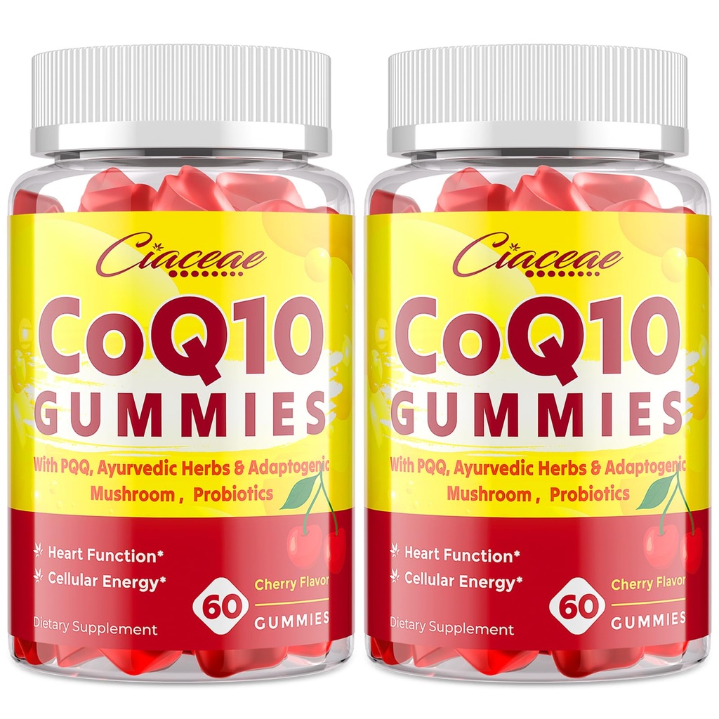 CoQ10 Gummies dengan PQQ - 400 MG Coenzim Q10 High Potency, Enhanced with Ayurvedic Herbs, Adaptogenic Mushroom Blend & Progories for Heart, Brain, Energy, Imunity, Cherry Flavor, 120 Vegan Gummies