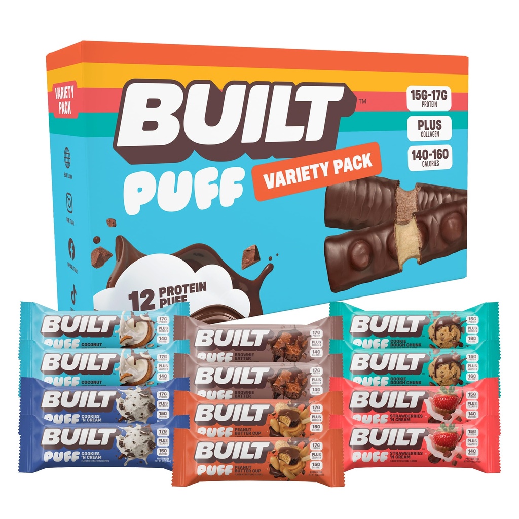 Bar Built, Puff Protein Bars, Variety Pack, Collagen, On- go Snacks, Breakfast Bar, Mixed Sampler, 12 Pack