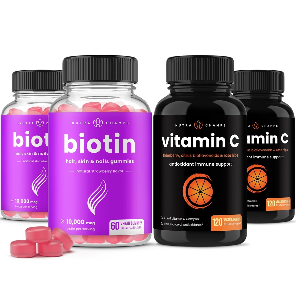 NutraChamps Biotin Gummies (2 Pack) dan Vitamin C Capsules (2 Kemas) 4 Kemas Bundle