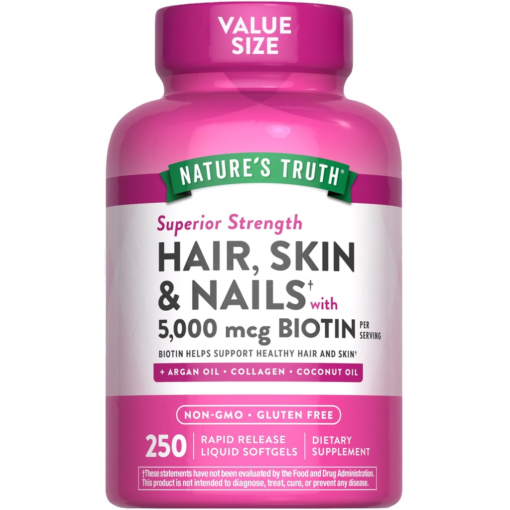Rambut Kebenaran Alam, Skin & Nails Vitamin 124; 5000mcg 124; 250 Softgels 124; termasuk Collagen, Biotin dan Coconut Oil 124; Non-GMO & Gluten Free Supplemen untuk Perempuan dan Pria