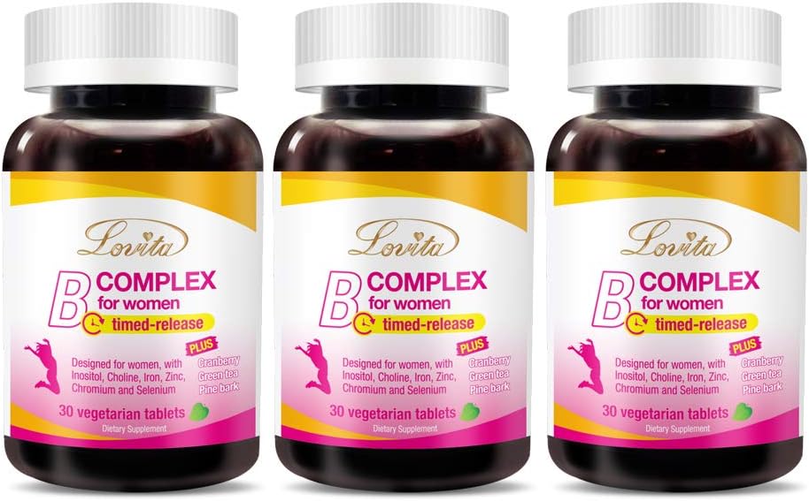 Lovita High PowerVitamin B Complex for Women, Timed Rilis, All B Vitamin with Iron, Vitamin C, Cranberry, Pine Bark, Green Tea for Energy, 30 Vegetarian Tablet (Paket 3)