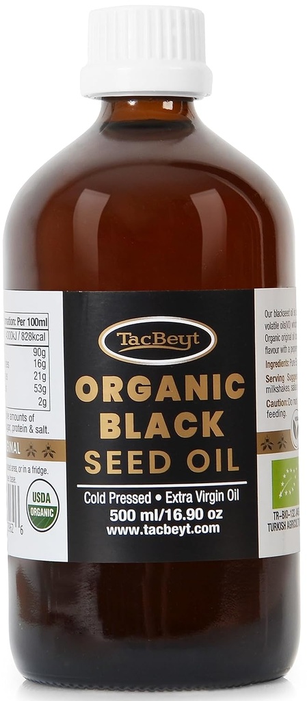 TacBeyt Black Seed Oil, Cairan Tertahan Dingin Organik, 2% Thymoquinone, 100% Minyak Benih Hitam Turki Asli, USDA Disertifikasi, Gluten Bebas, Non GMO, Cold- Ditahan, (Original 16.90 Fl Oz)