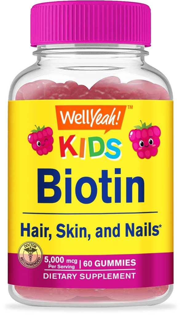 Welyeah Biotin Gummies for Kids 5000 mcg - Mendukung Pengembangan Rambut, Kesehatan Skin, dan Nails - Natural Sourced Flavors - GMO Bebas, Gluten Free - Gummy for Boys and Girls - 60 Count