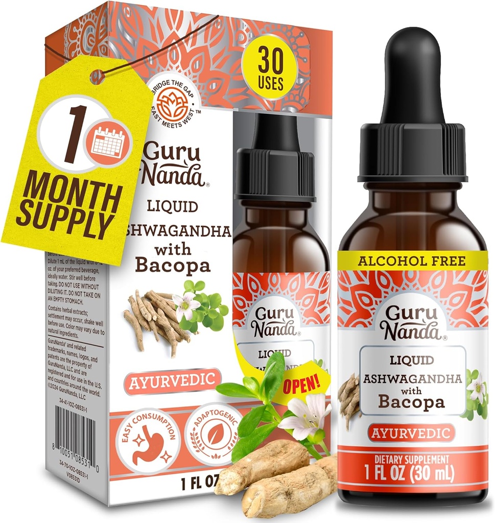 GuruNanda Liquid Ashwagandha dengan Bacopa (1 Fl Oz) - Natural Dietary Supplication Extract Drops - for Men & Women - Vegan & Alcohol- Free - Aids in Immune, Focus & Relaxation Support
