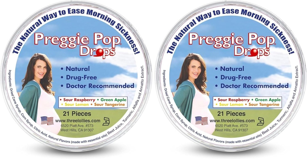 Three Lollies Preggie Pop Drops - 21 Drops - Morning Sickness Relief Selama Pregnancy - Safe for Pregnant Mom & Baby - Gluten Free - Four Flavors: Lemon, Raspberry, Green Apple, Tangerine (Paket 2)