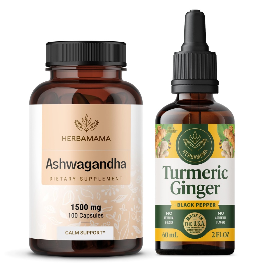 HERBAMAMA Ashwagandha dan Turmeric Ginger Kit - Bundle dari 1500 mg Ashwaganda Root Capsules & Turmeric Ginger Tincture 2 - Vegan, Non-GMO, Sugar & Alcohol- Free - 2 Pack