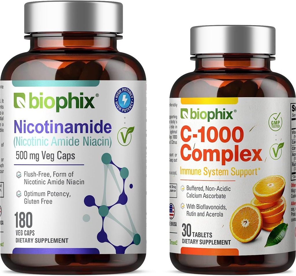 biophix B-3 Nicotinamide 500 mg 180 Vcap - Free Vitamin C-1000 30 Tablet - Nicotical Amide Niasin Natural Flush- Free Vitamin Formula - Support Skin Cell Health