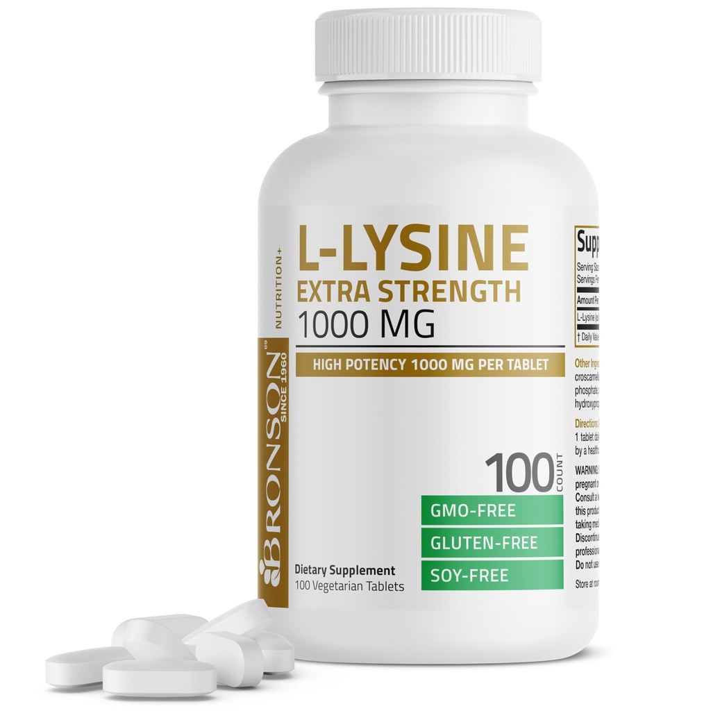 Bronson L-Lysine Ekstra Kekuatan 1000 MG per Potency Tinggi Tablet, Dukungan Imune & Support Collagen Synthesis, Non-GMO, 100 tablet Vegetarian