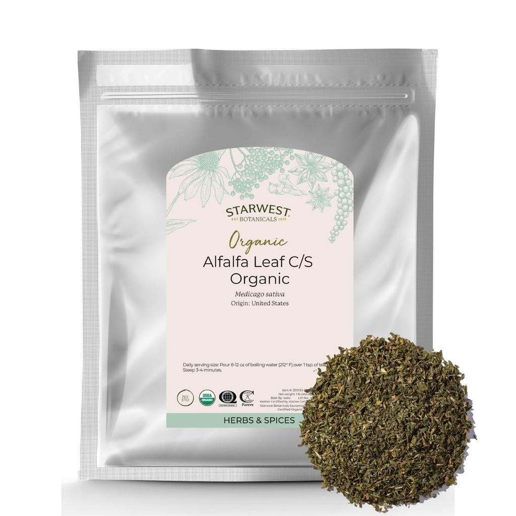 Starwest Botanicals Organic Alfalfa Leaf - Dry Loose Leaf Herb for Nutrition, Use in Tea, Juice, & Smoothies, Cut & Sifted, Certifikasi Kosher, Non-GMO
