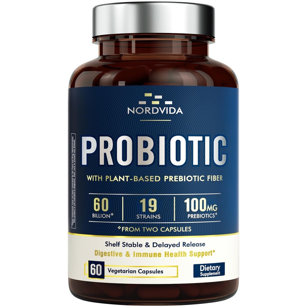 Probiotik 60 Milyar 19 Strain dengan Prebiotik Organik untuk Pria & Perempuan, Digetical & Imune Kesehatan, Shelf Stabil Rilis, Non-GMO No Dairy, 60 Vegan Caps