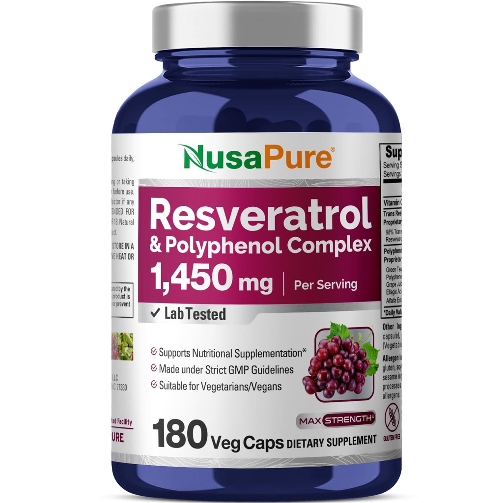NusaPure Resveratrol & Polyphenol Kompleks 1450mg 180 Vegetarian Caps (Non-GMO, Vegan) Vitamin C