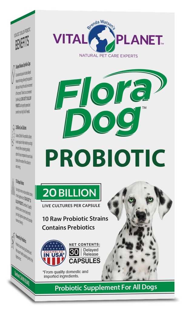Planet Vital - Flora Dog Probiotic Kapsul Tambahan dengan 20 Milyar Cultures dan 10 Strains, Potency Ammune Tinggi dan Digetical Dukung Progories for Dogs, 30 Delayed Rilis Kapsul