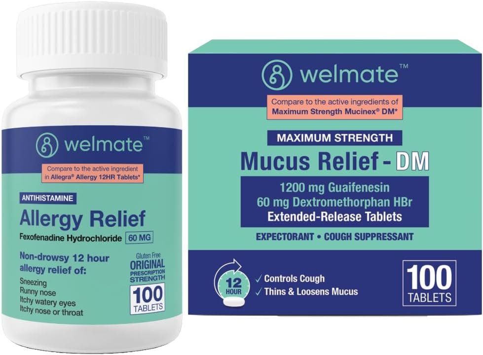 WELMATE Total Respiratory Health Bundle: Allergy Relief Fexofenadine HCI 60mg (100 Ct) 12- Hour Non-Drowsy Antihistamin + Maximum Kekuatan Mucus Relief DM 1200mg Guaimfenesin & 60mg DXM (100 Ct)