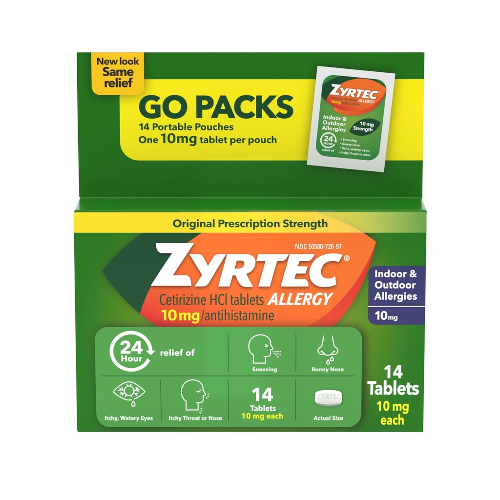 Zyrtec 24 Hour Relief Tablet, Antihistamin Indoor & Outdoor AntiAllergy Medicine + Cetirizine HCI, Relief from Runny Nose, Sneezing, & Itchy Eyes, Single Packs, 14 x 1 ct Packets