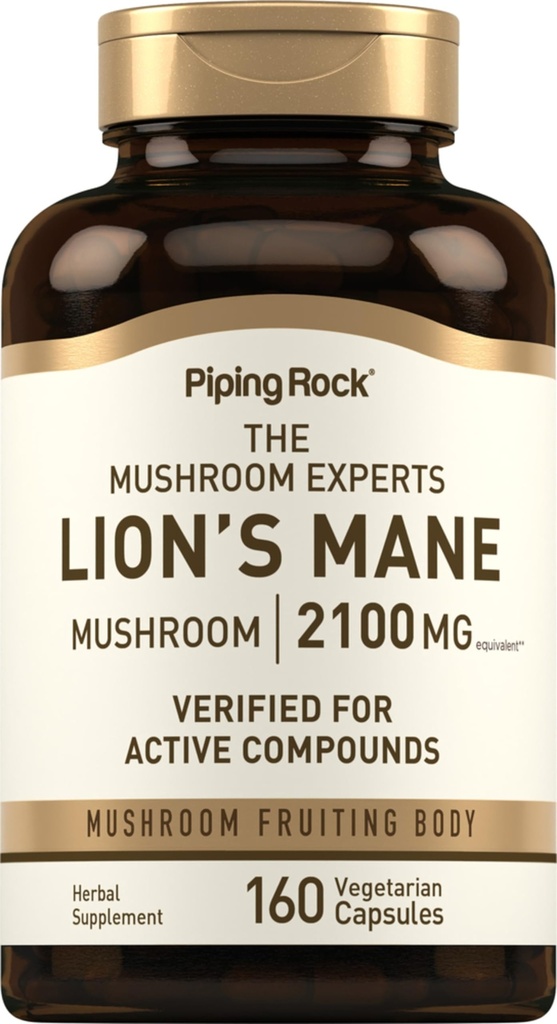 Piping Rock Lions Mane Mushroom Supplement 7.2100mg 124; 160 Capsules 12.4; Ekstrak Perempuan dan Pria 124; Vegetarian, Non GMO & Gluten Bebas