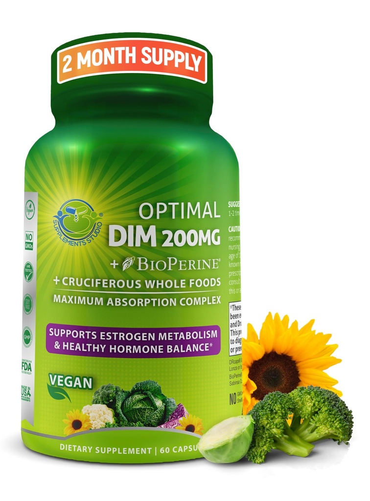 Optimal DIM 200mg Suplemen untuk Perempuan dan Pria - Dibuat dengan Organik Whole Foods - Estrogen & Hormone Keseimbangan Dukungan Diindolylmetana Kompleks - Maksimum Delapsi-Rilis Kapsul - 60 Count