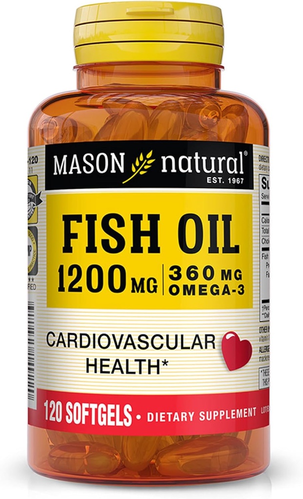 MASON NATURAL Fish Oil 1.200 mg Omega-3 360 mg - Hati Sehat, Menyediakan Fungsi Sirkulasi, Peningkatan Kesehatan Kardiovaskular, 120 Softgels