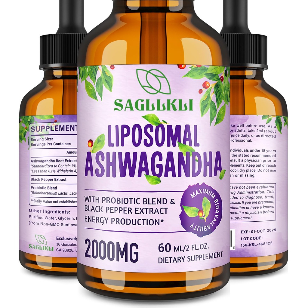 Liposal Ashwagandha Liquid Drops 2000mg, Ashwagandha Root Extract Suplement (7% Witnollides) dengan Black Pepper Extract & Propoles for Focus, Cognition & Energy - 2 FL.OZ (1 Botol)
