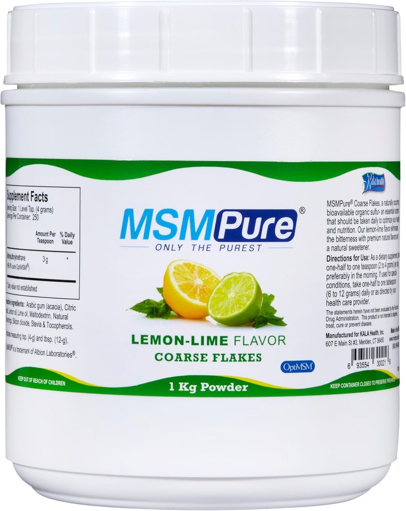KALA HEALTH MSMPure Lime Flavored Coass MSM Powder - US-made MSM untuk Kesehatan Gabungan, Penampilan Skin, dan Rambut & Nail Dukungan - 2.2 lb, Organik Sulfur