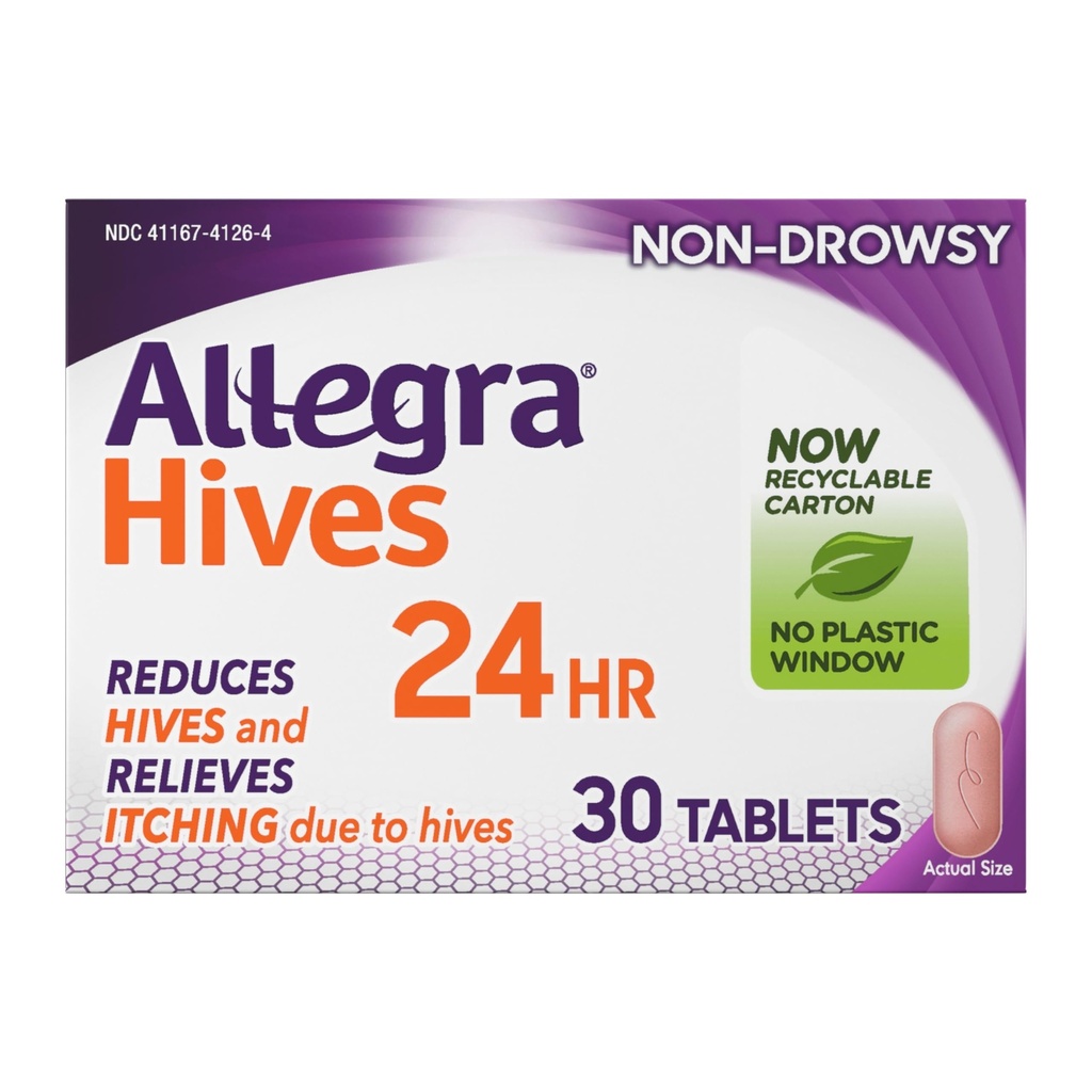 Allegra Hives Antihistamin 24- Jam Tablet, Non- Drowsy Hive Reduction and Hive Itch Relief, 180 mg Fexenadine HCI, 30- Count