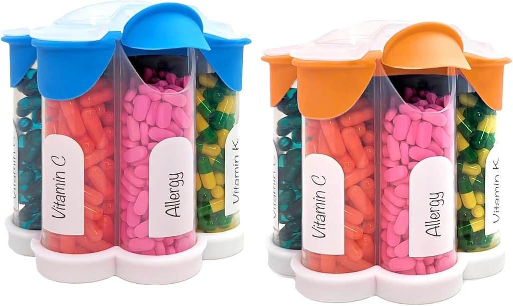 Extra Large Pill Organizer Daily, Weekly, Monthly Suplement Bottle, Cute Blossom Pill Dispenser dengan 7 XL Compartment (2 Pack Combo) (Light Blue and Orange)