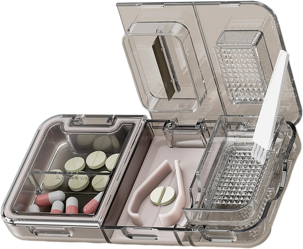 CFMOUR 3-1 Pill Cutter Splitter untuk Tiny atau Small Large Pills, Crusher Grinder dengan Powder Brush Grint Tablet, Pill Carrier for Storage Pills, Mills for Elderly, Kids & Pets, Black