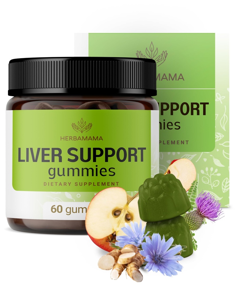 HERBAMAMA Liver Dukung Gummies - Kompleks Herbal untuk Detox Liver dan Cleanse - Vegan, Non-GMO Overall Dukungan Supplemen - 60 Pectin- Berdasarkan Applicated-Flavored Chews