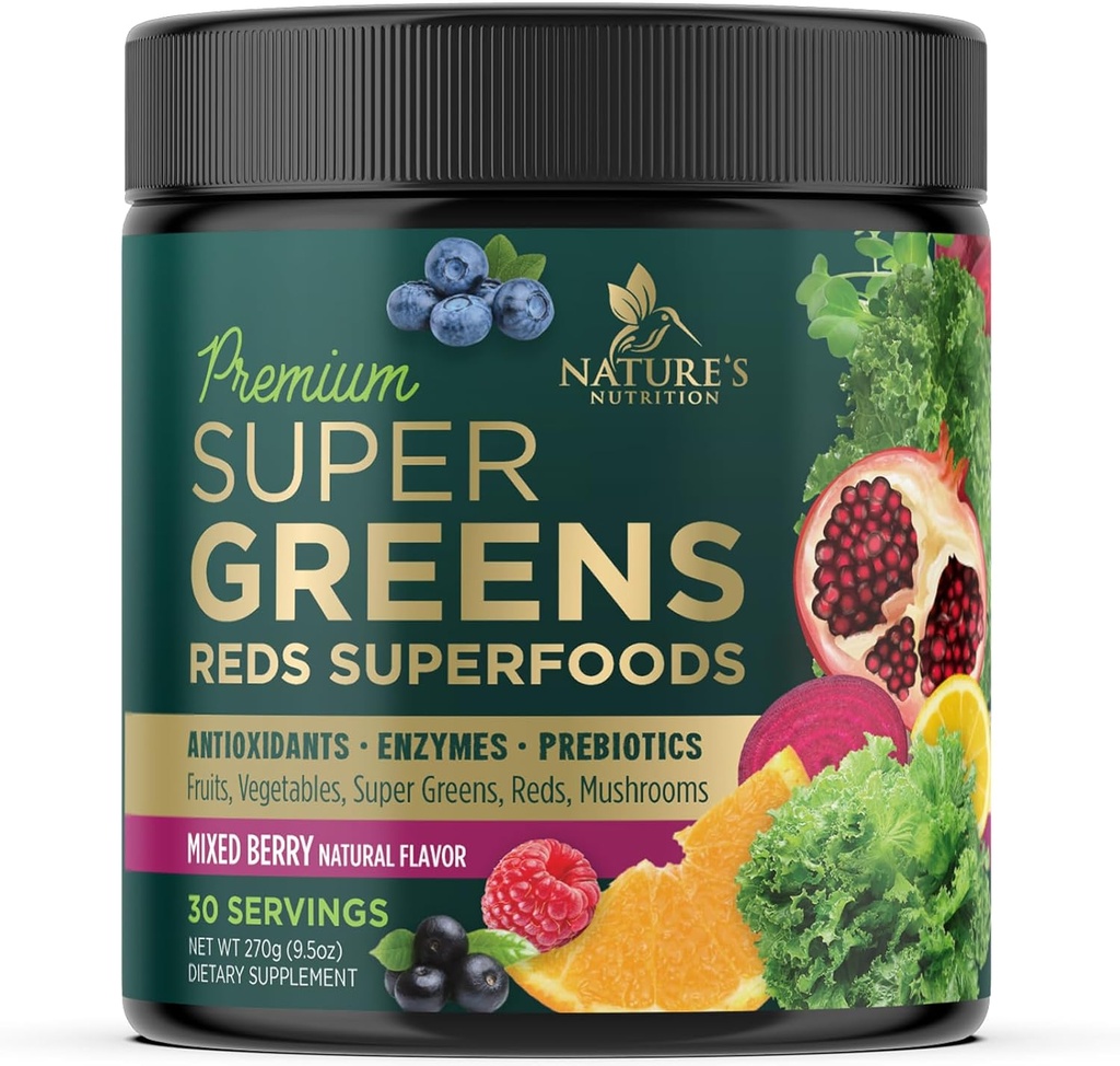 Beri makan Superfood Powder Mix - Green Suplemen Campuran untuk Kesehatan & Gut - Dengan Ganja Ganja Organik, Spirulina, Chlorella, Enzymes Digetical Antioksidant & Fiber - Berry Flavor, 30 Hamba