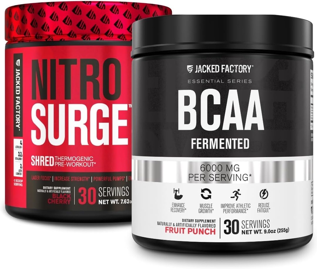 Jacked Factory Nitrospush Shred Thermogenic Pre- Workout di Black Cherry & BCAA di Fruit untuk Body Punch, Bangunan Otot dan Pemulihan